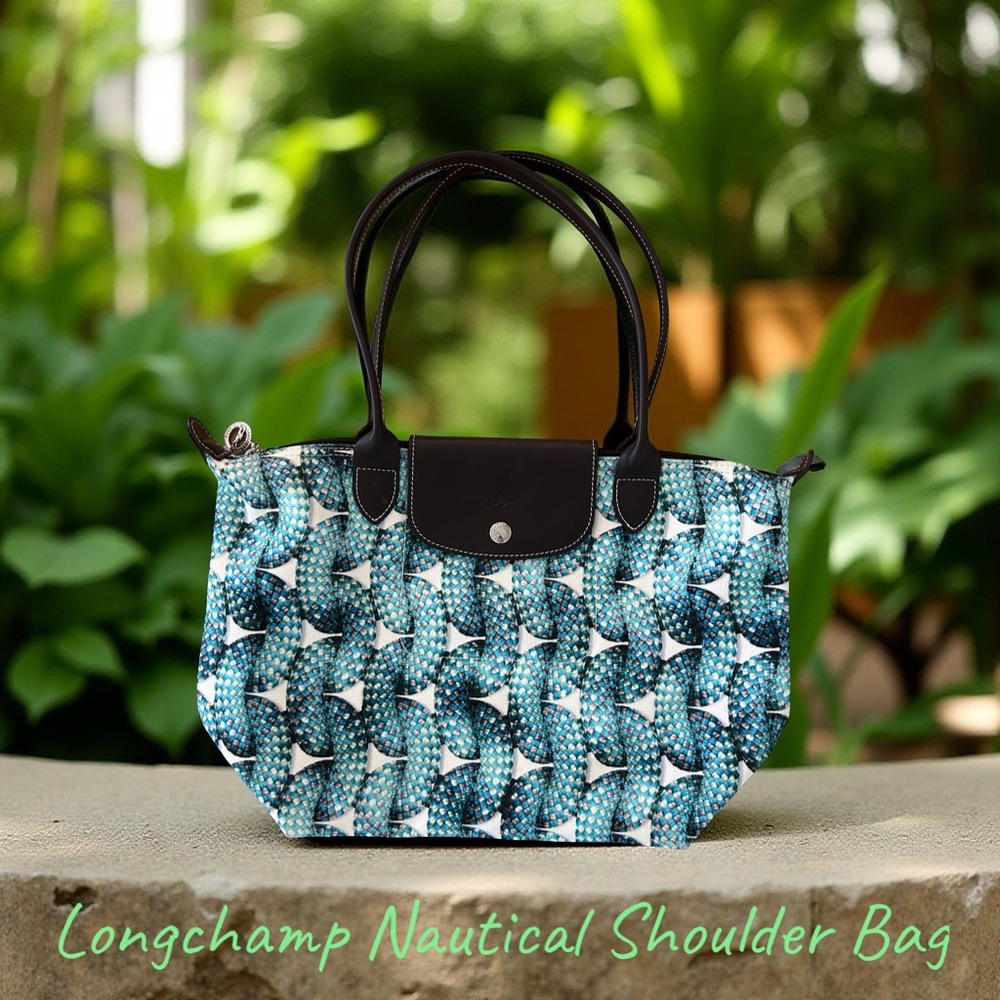 Longchamp Teal Blue Patterned Nautical Shoulder Bag